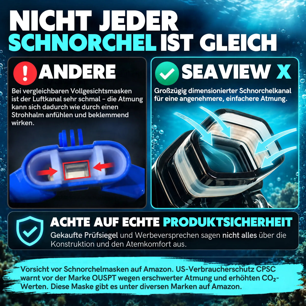 Vergleich Schnorchelkanal: schmaler Luftkanal bei anderen Vollgesichtsmasken gegen den großzügig dimensionierten Schnorchelkanal der Khroom Seaview X für leichteres Atmen