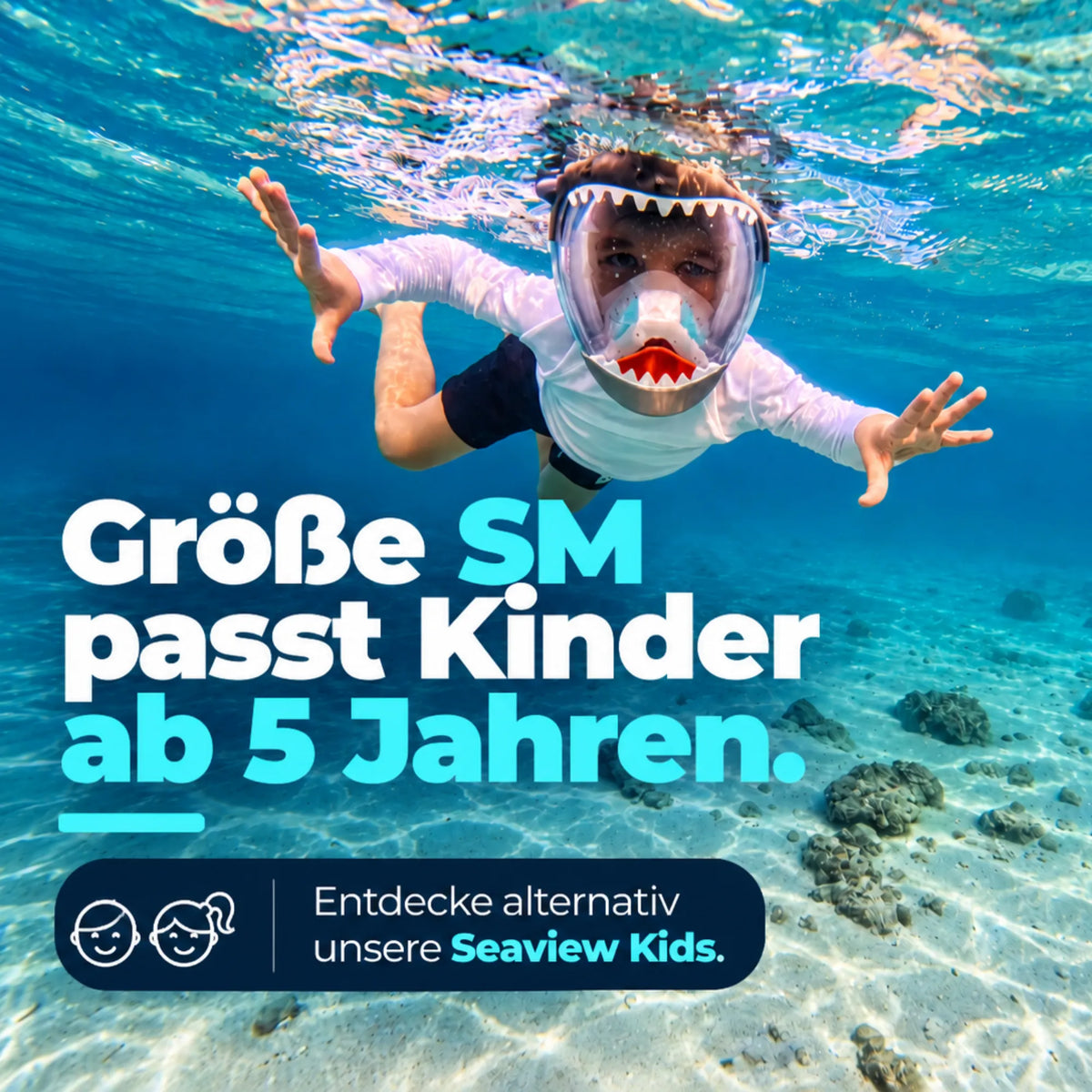 Kind schnorchelt unter Wasser mit Vollgesichts-Schnorchelmaske: Größe S/M passt Kindern ab 5 Jahren, alternativ die Khroom Seaview Kids